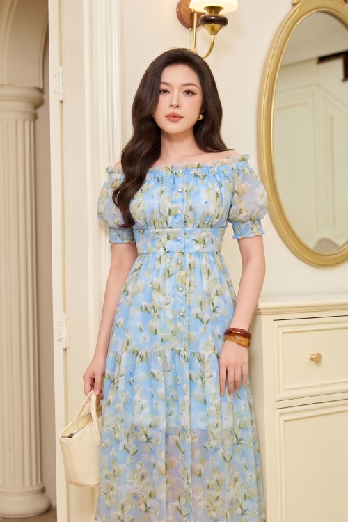 Sixdo Blue Voile Flared Dress